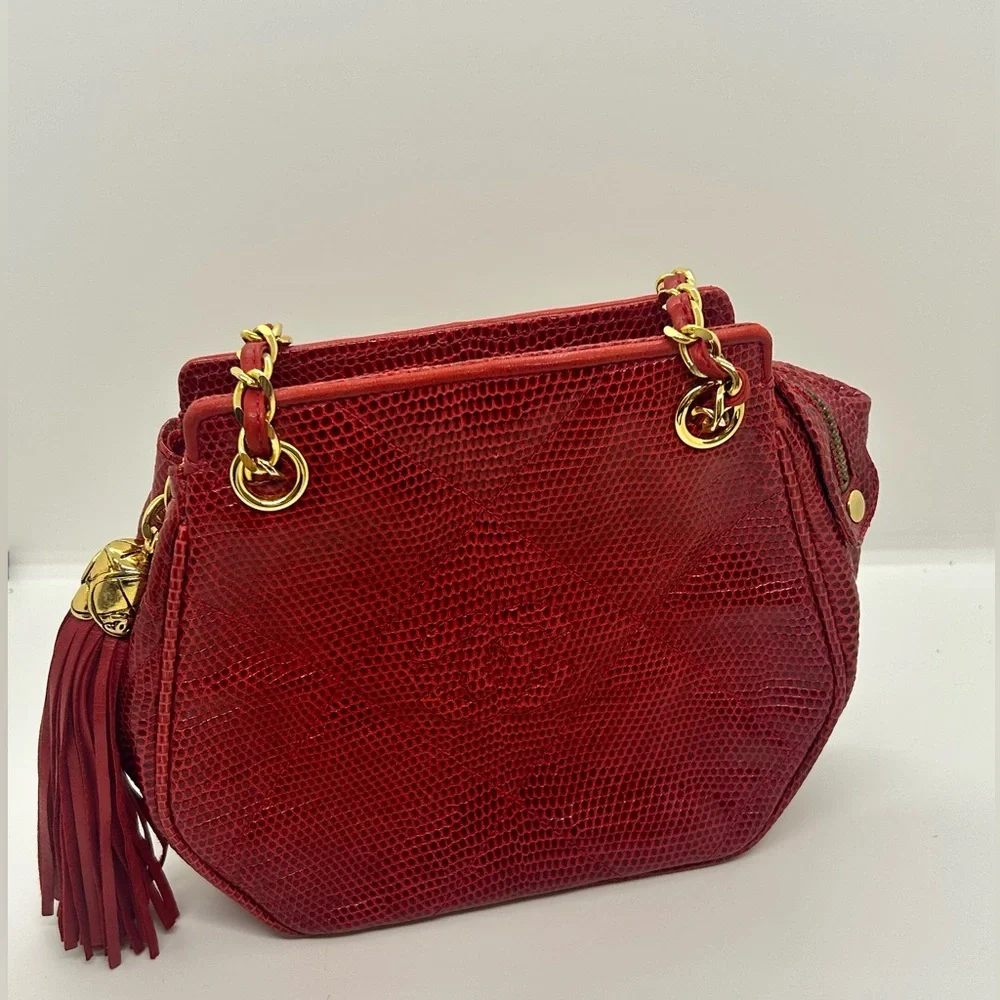 CHANEL Vintage Red Lizard Skin Hexagon Gold Chain Shoulder Bag
